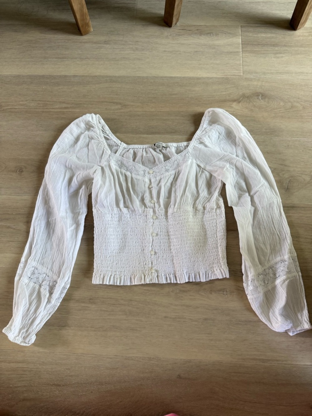 American Eagle Outfitters White Smocked Peasant Top with Balloon Sleeves